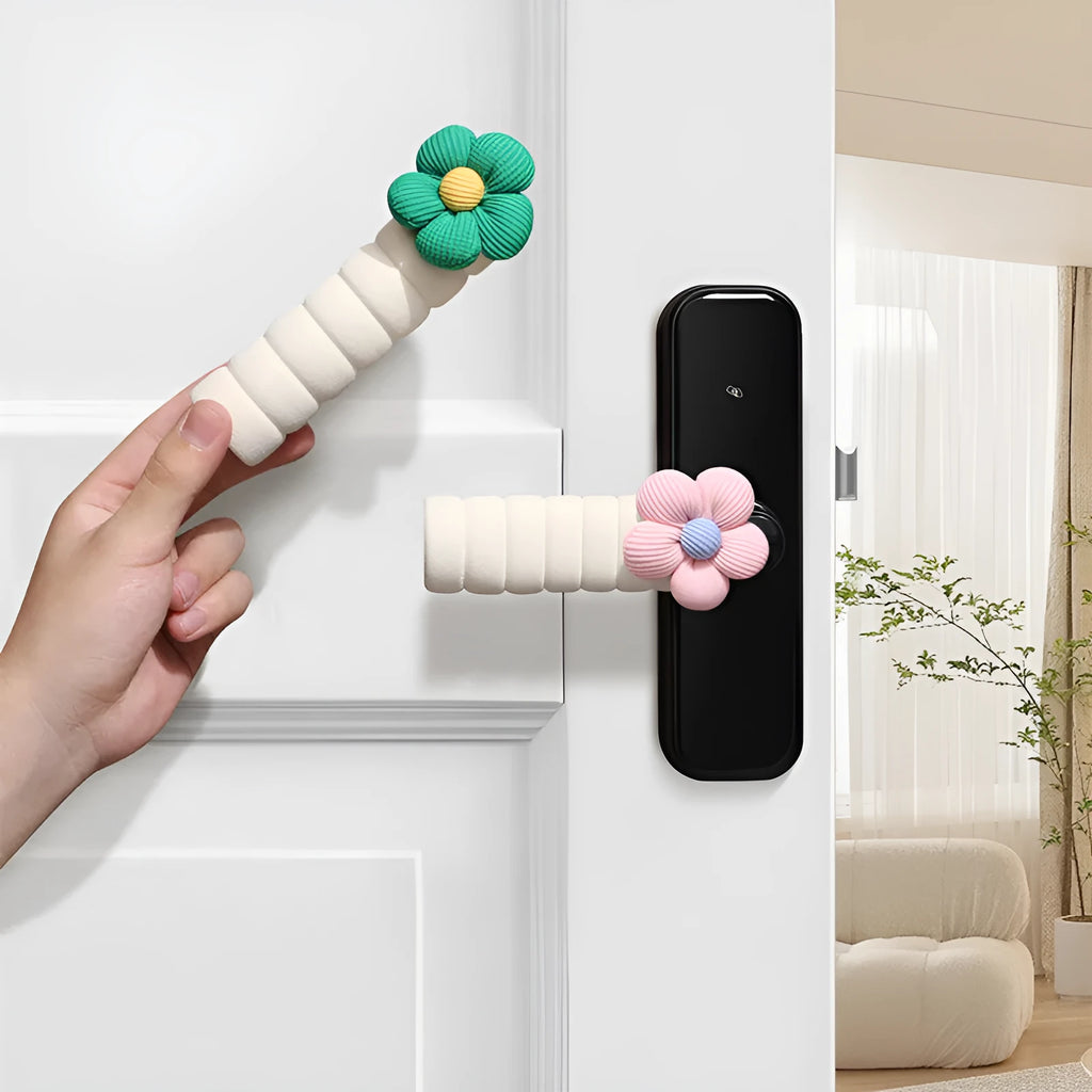 Soft round floral door handle protective cover in PEVA material on a door.