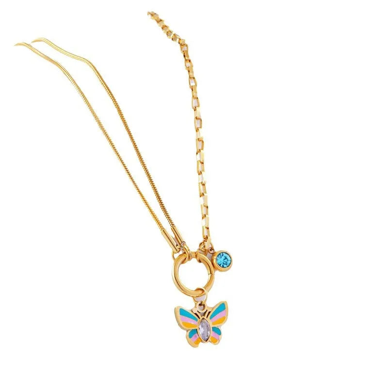 Gold tone titanium steel necklace and bracelet set with butterfly pendant for women