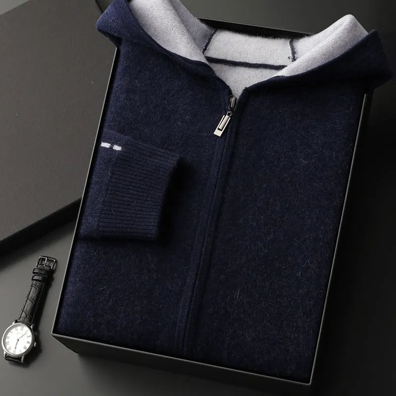Man wearing a dark blue zip-front cashmere cardigan with a half-high collar and loose fit.