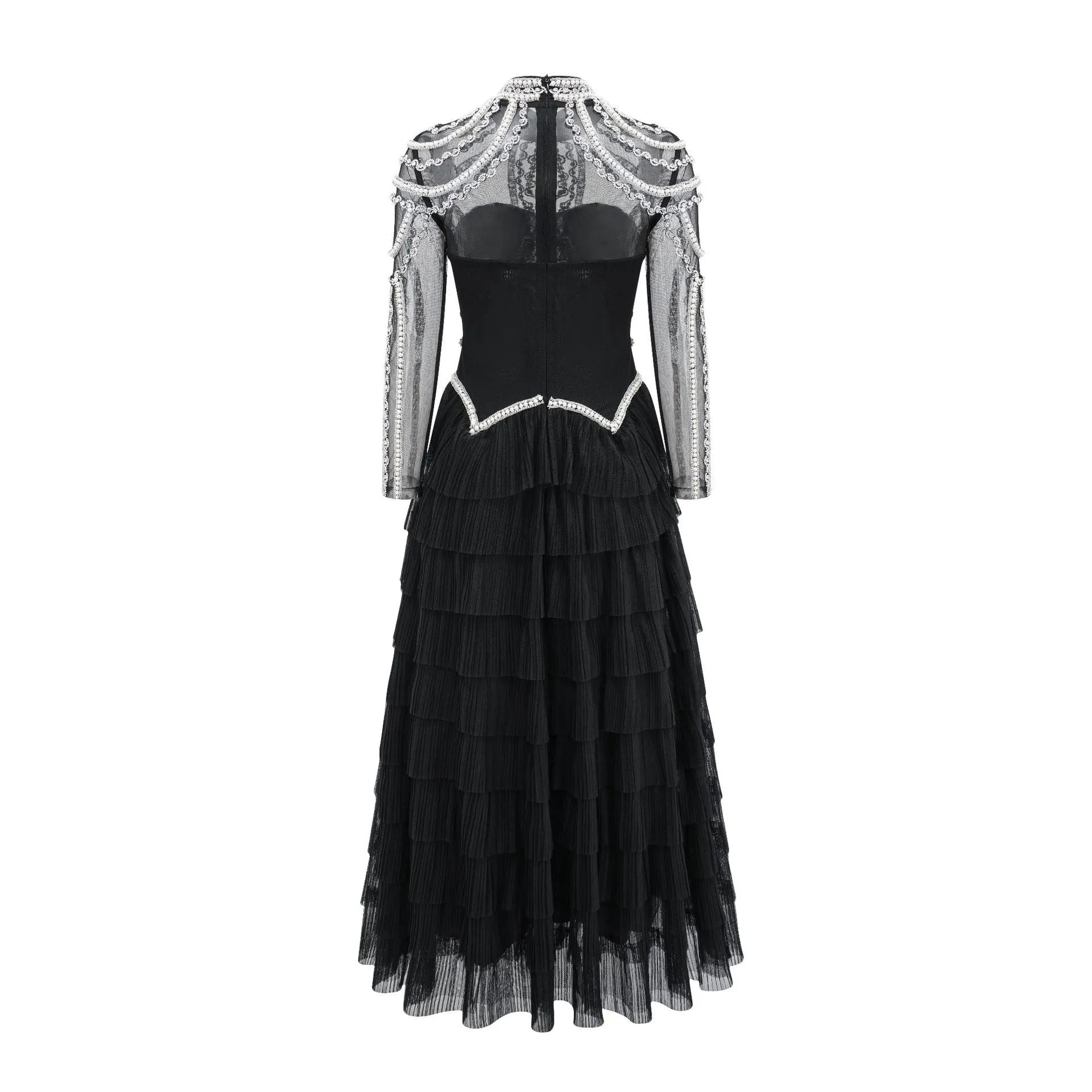 Women's black polyester dress with long sleeves and detailed beaded decoration on the bodice