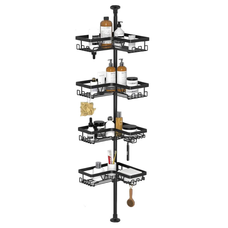 Hole-free retractable bathroom storage rack with four stainless steel shelves