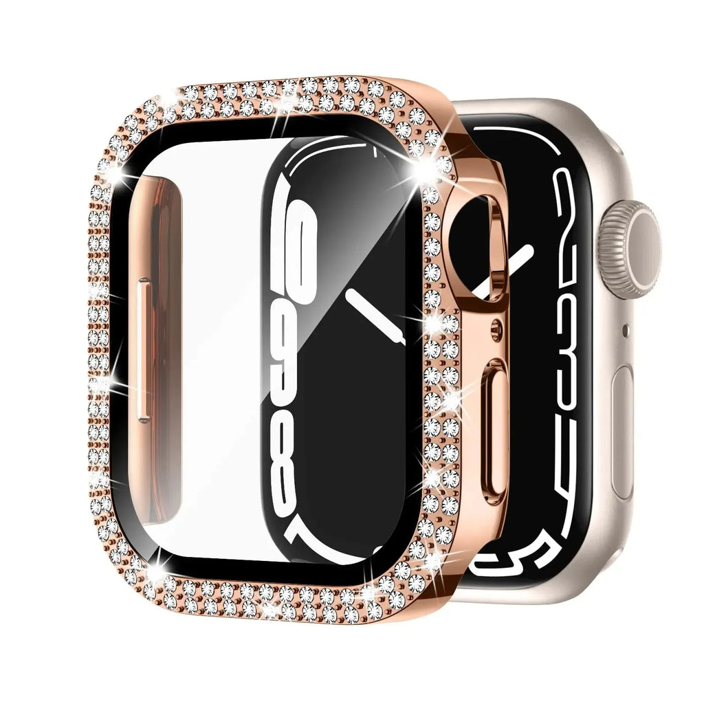 Apple Watch case with double diamond glass in rose pink, shown fitted on a 41mm Apple Watch.