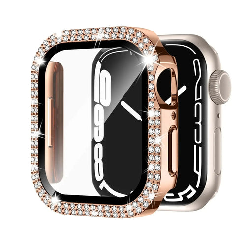 Apple Watch case with double diamond glass in rose pink, shown fitted on a 41mm Apple Watch.