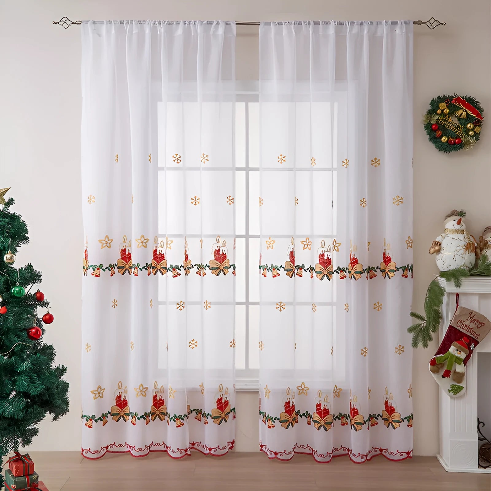 White Christmas curtain with embroidered blue snowflake pattern showing textured embroidery detail
