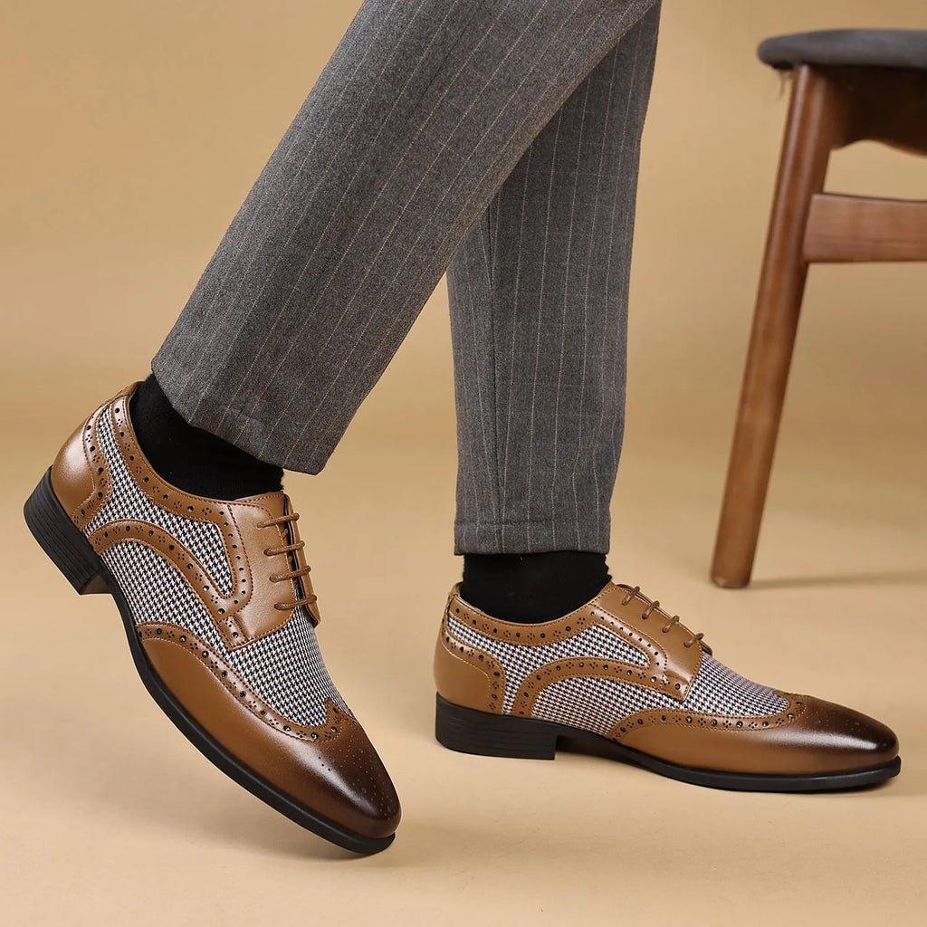 Men's black houndstooth plaid casual shoes with square toe and lace-up front on a rubber sole.
