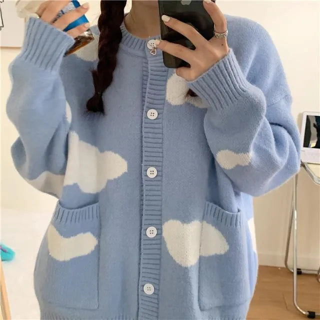 Women's blue cloud pattern cardigan sweater coat with loose fit and long sleeves