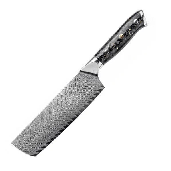 Eight-piece Damascus steel kitchen knife set with fishbone pattern, showing chef, utility, boning, steak, and fruit knives.
