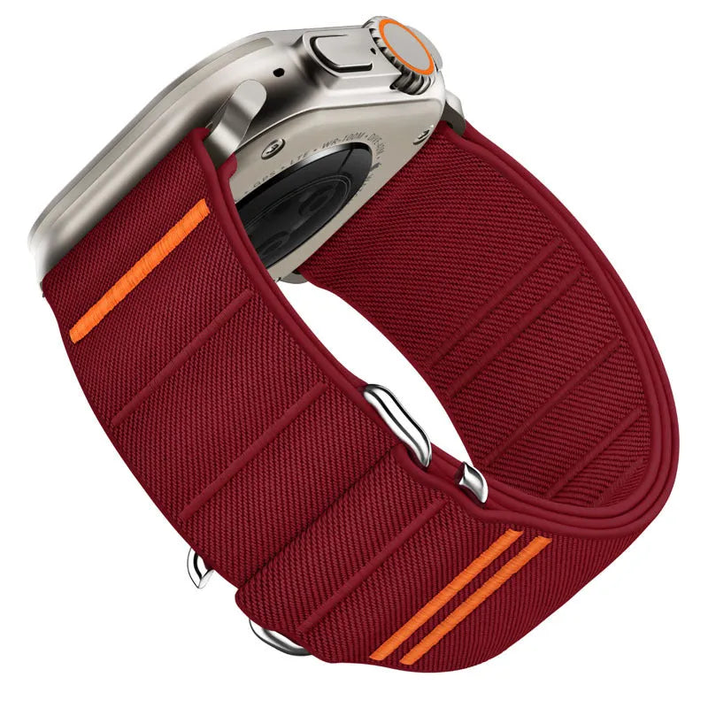 Elastic nylon Apple Watch band with stainless steel buckle shown in multiple colour options.