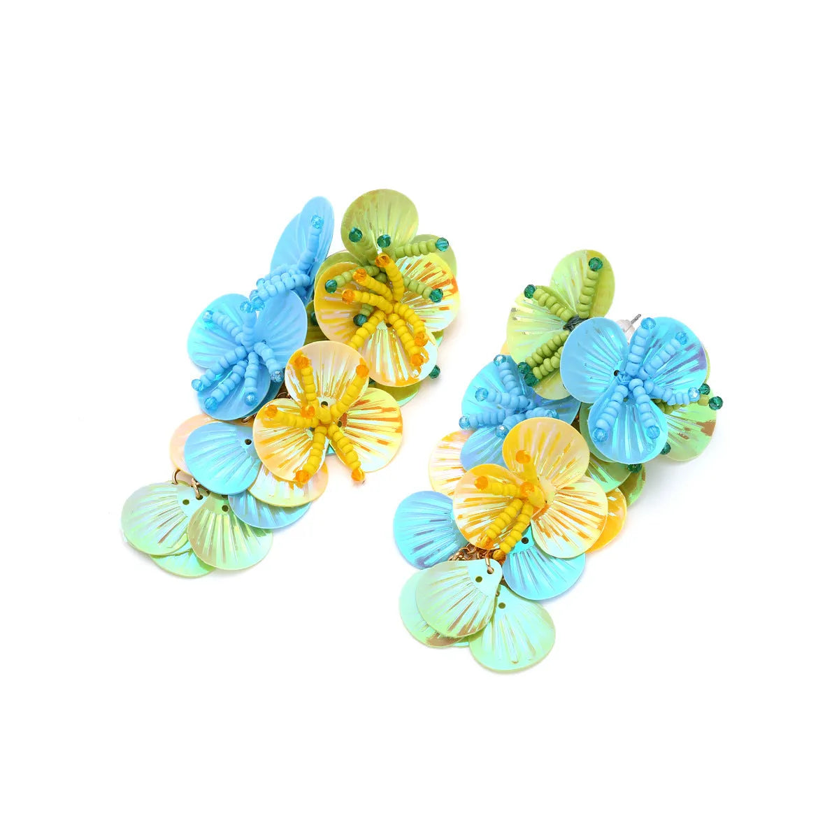 Women's exaggerated handmade string bead floral earrings in mixed materials, showing colourful, rose, and purple colour options.