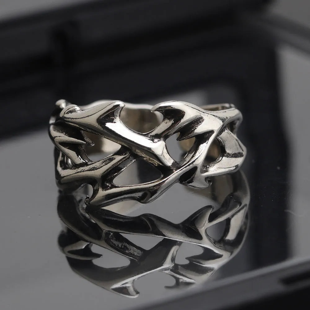 Copper geometric ring with thorn flower design and adjustable opening