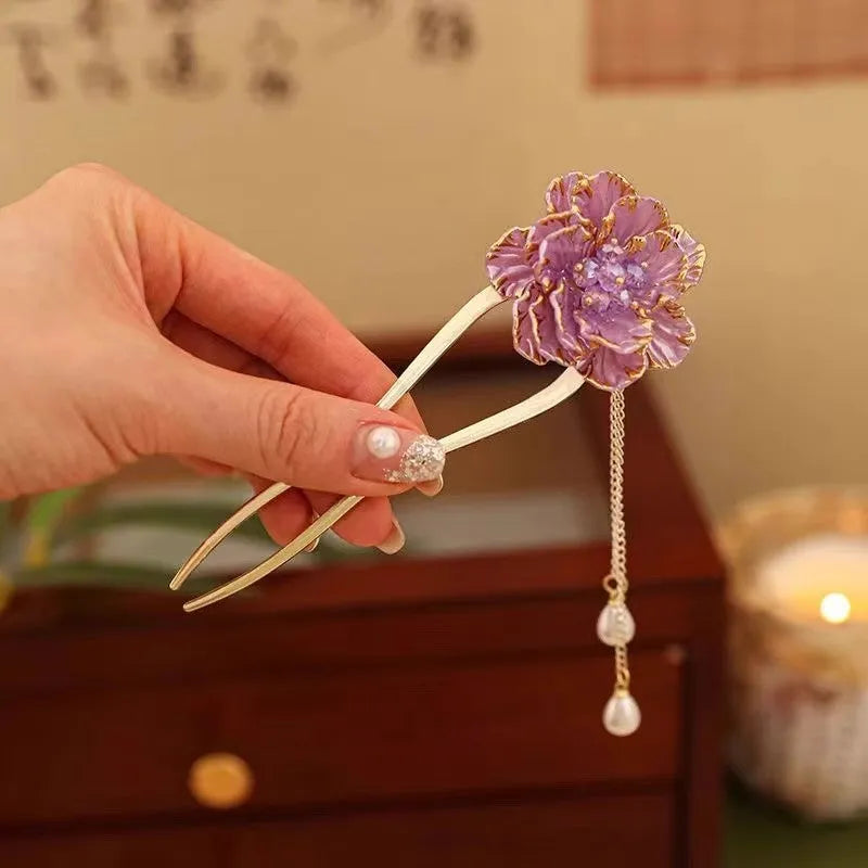 Purple and white peony flower tassel U-shaped hairpin for women with retro design