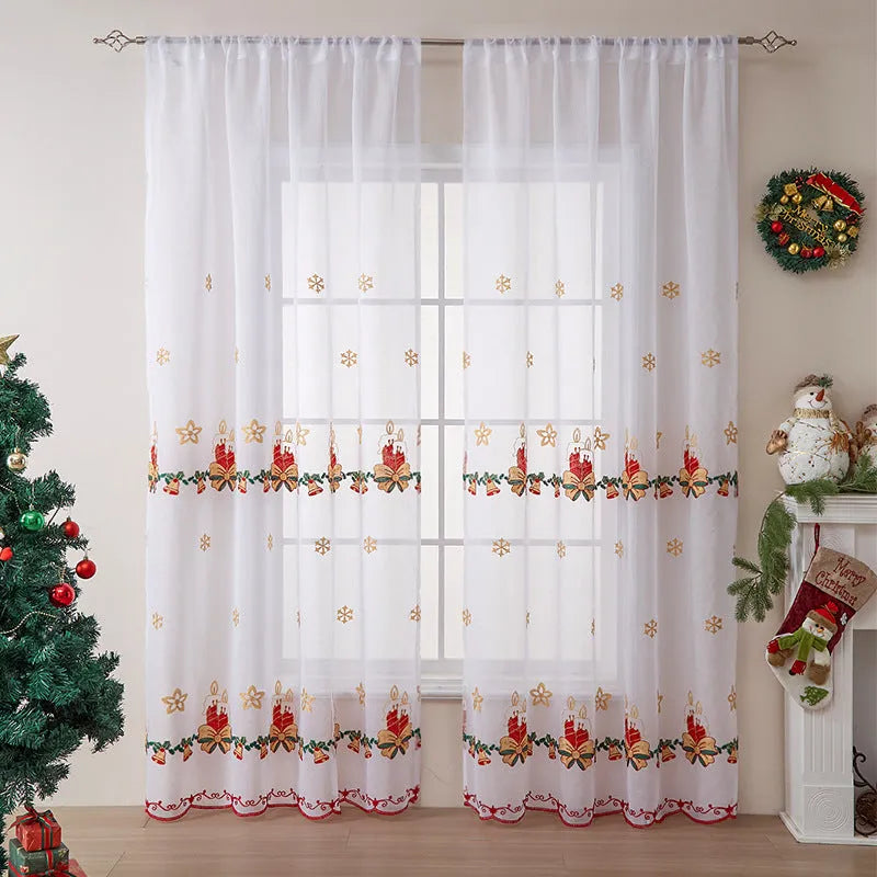 White Christmas curtain with embroidered blue snowflake pattern showing textured embroidery detail