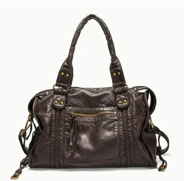 Women's brown French retro motorcycle messenger bag with woven decoration and shoulder strap