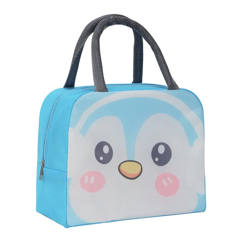 Cartoon insulated lunch bag in Oxford cloth with aluminium foil lining for heat preservation.