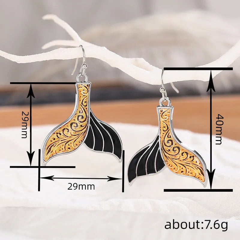 Women's fishtail earrings with whale design in white gold colour retro alloy jewellery