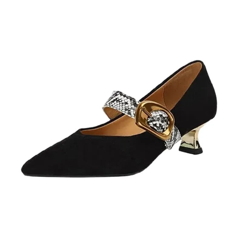 Black women's pointed toe stiletto high heels with a buckle fastening across the instep.