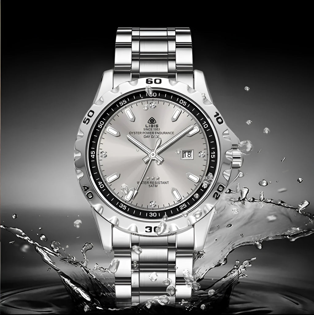 Men's silver stainless steel watch with luminous hands and sapphire crystal glass