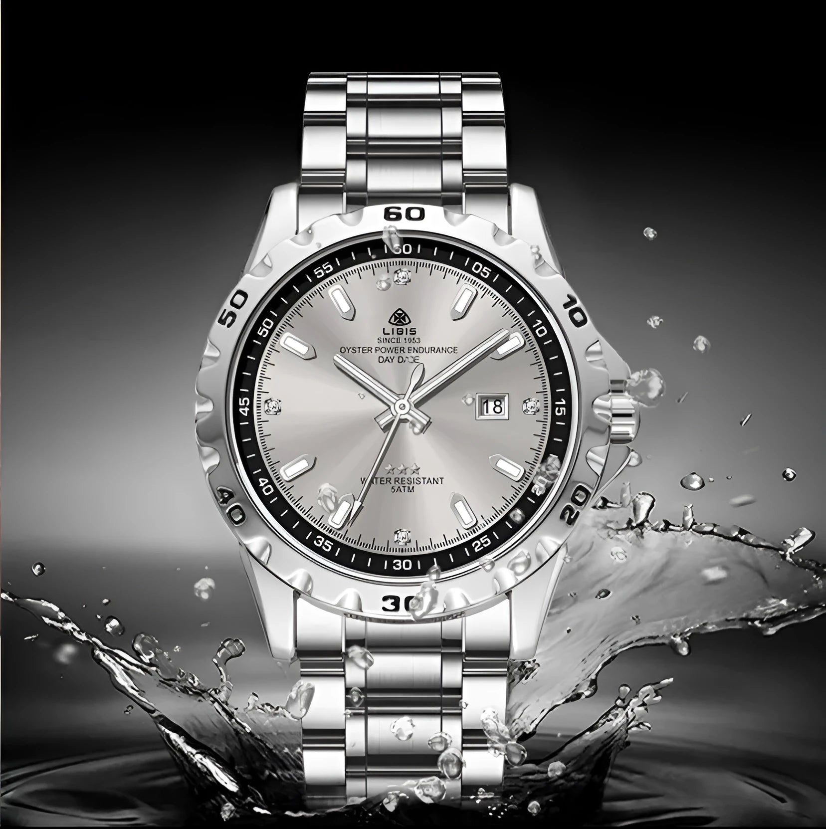 Men's silver stainless steel watch with luminous hands and sapphire crystal glass