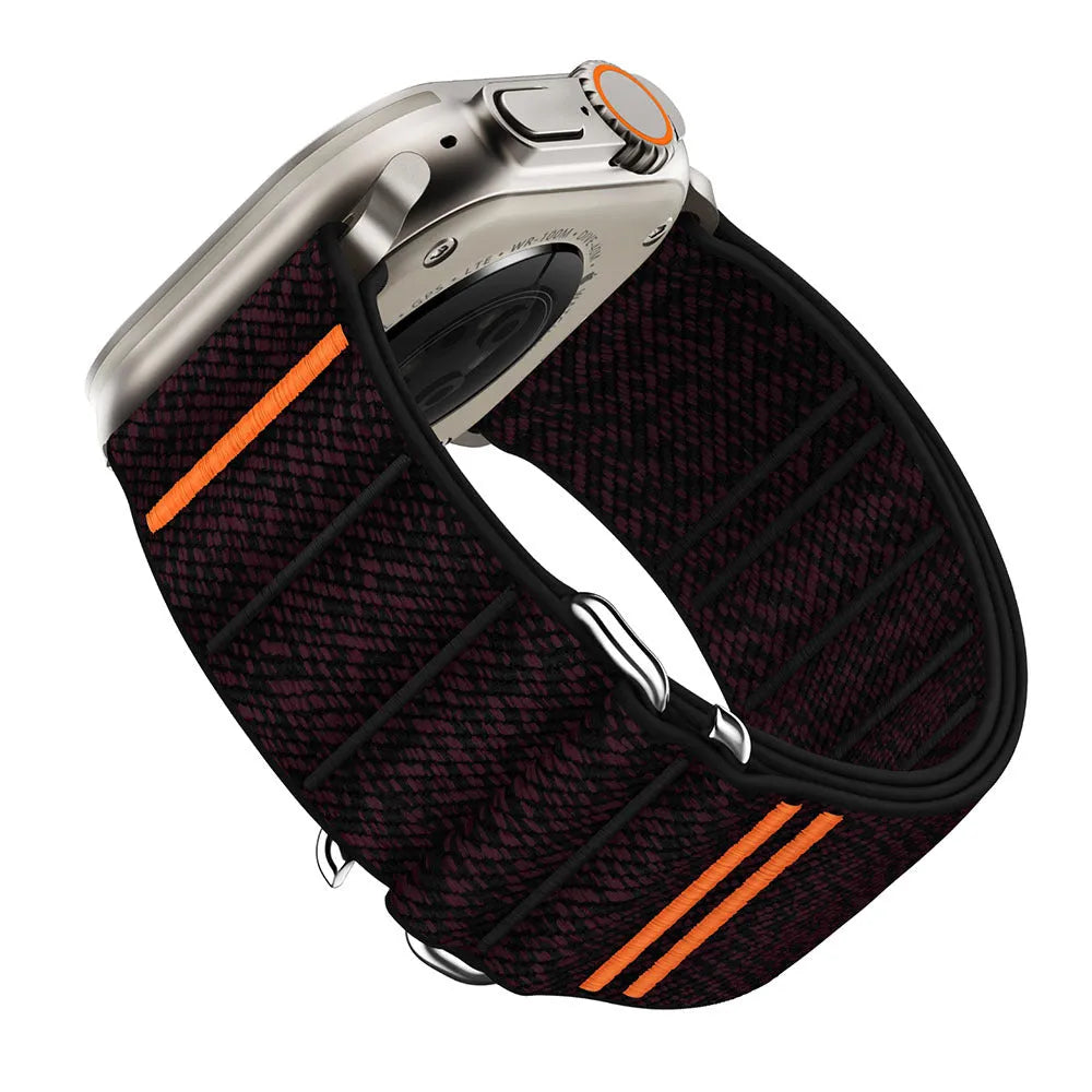 Elastic nylon Apple Watch band with stainless steel buckle shown in multiple colour options.