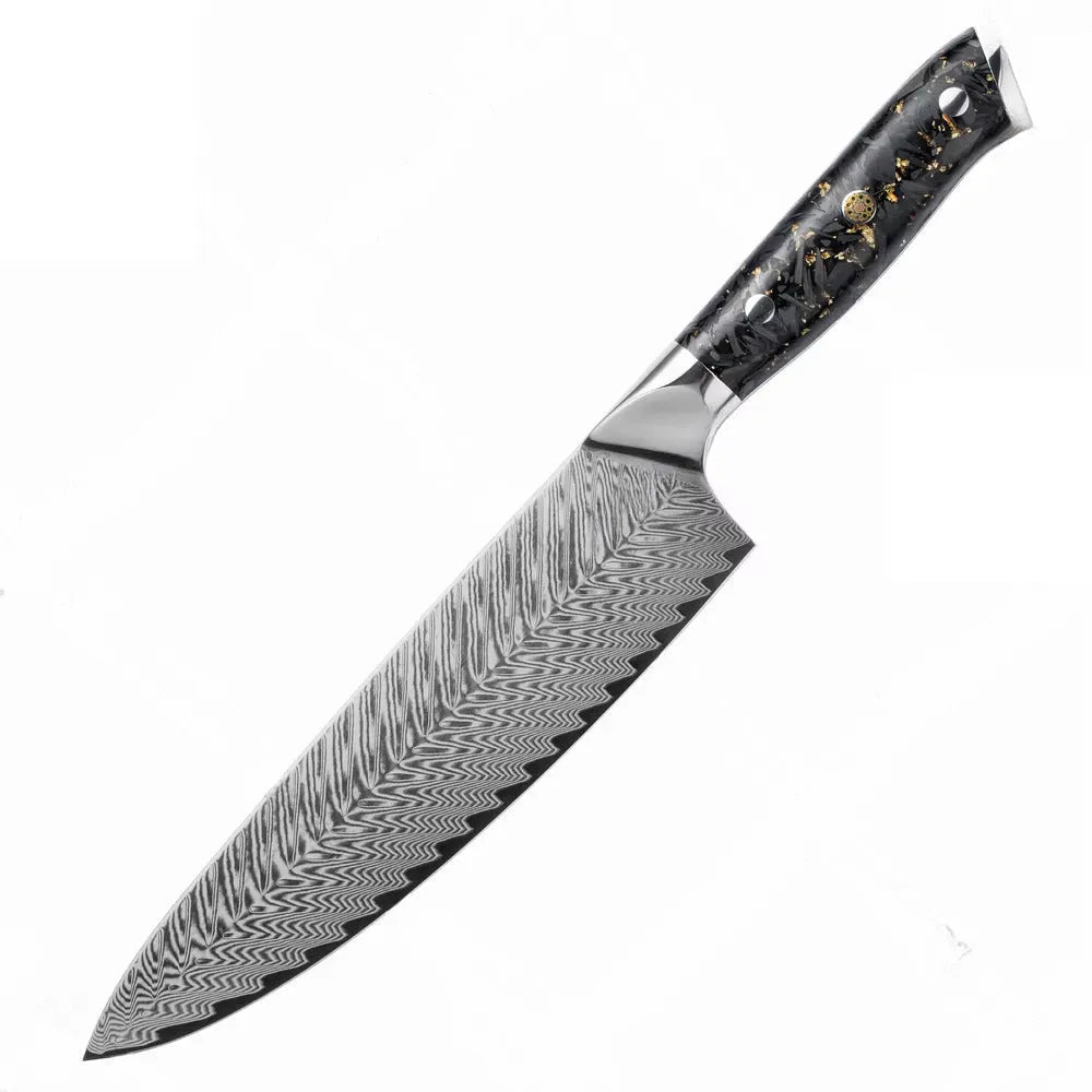 Eight-piece Damascus steel kitchen knife set with fishbone pattern, showing chef, utility, boning, steak, and fruit knives.
