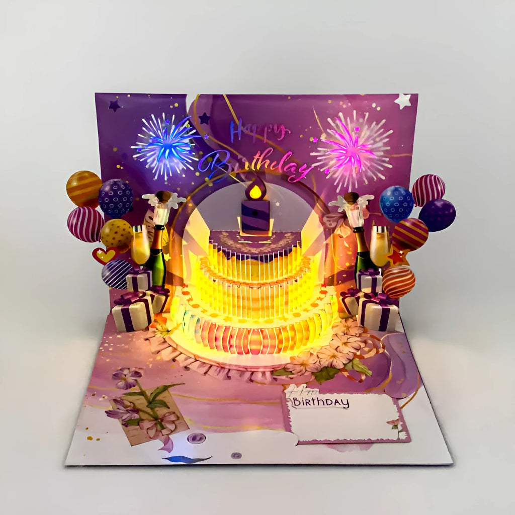 Chinese ink style birthday card with a 3D white cake pop-up and musical mechanism.
