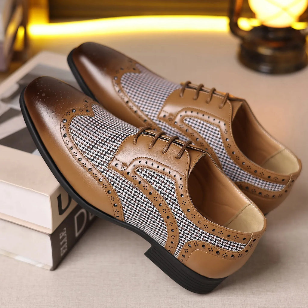 Men's black houndstooth plaid casual shoes with square toe and lace-up front on a rubber sole.