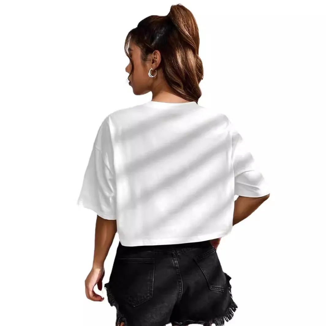 Black cotton crop top t-shirt with printed white English letters, navel-exposing design, loose casual fit