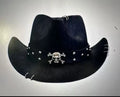 Curved edge western cowboy hat in leather fabric with conical crown design, size M 56-58cm, available in multiple colours including brown and black