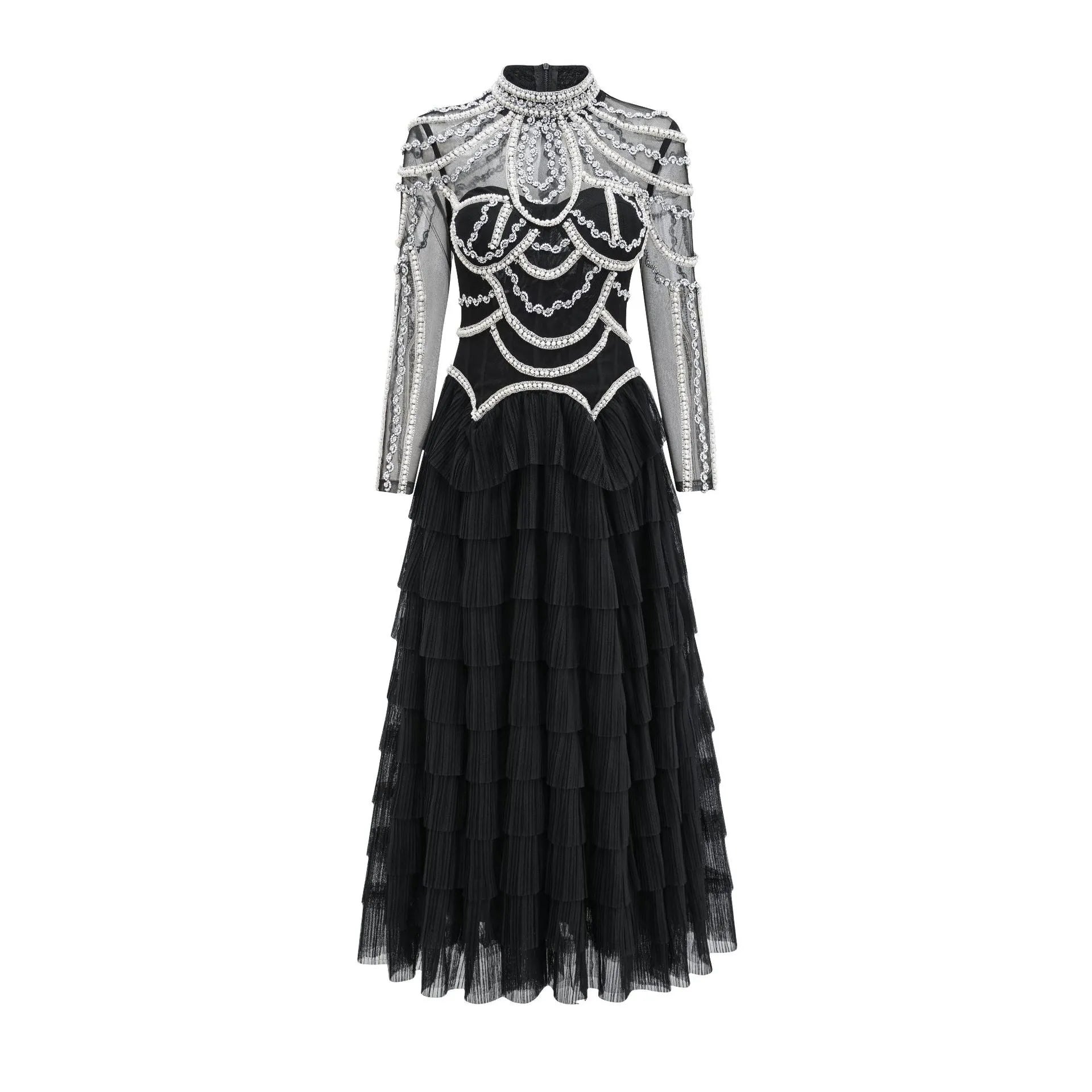 Women's black polyester dress with long sleeves and detailed beaded decoration on the bodice