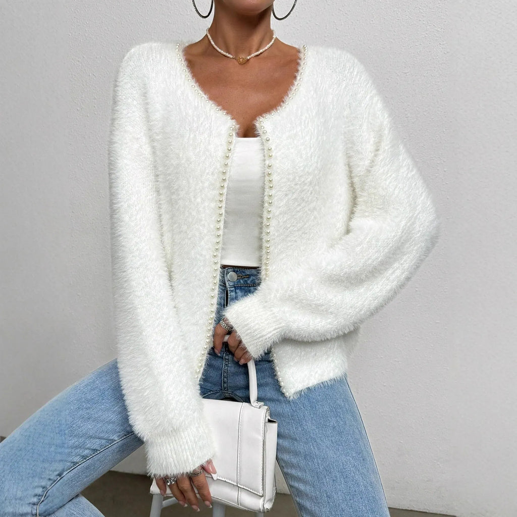 Women's white V-neck cardigan sweater in polyester knit fabric, medium thickness