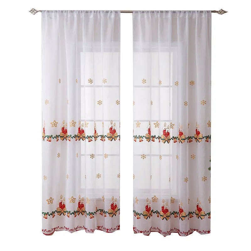 White Christmas curtain with embroidered blue snowflake pattern showing textured embroidery detail