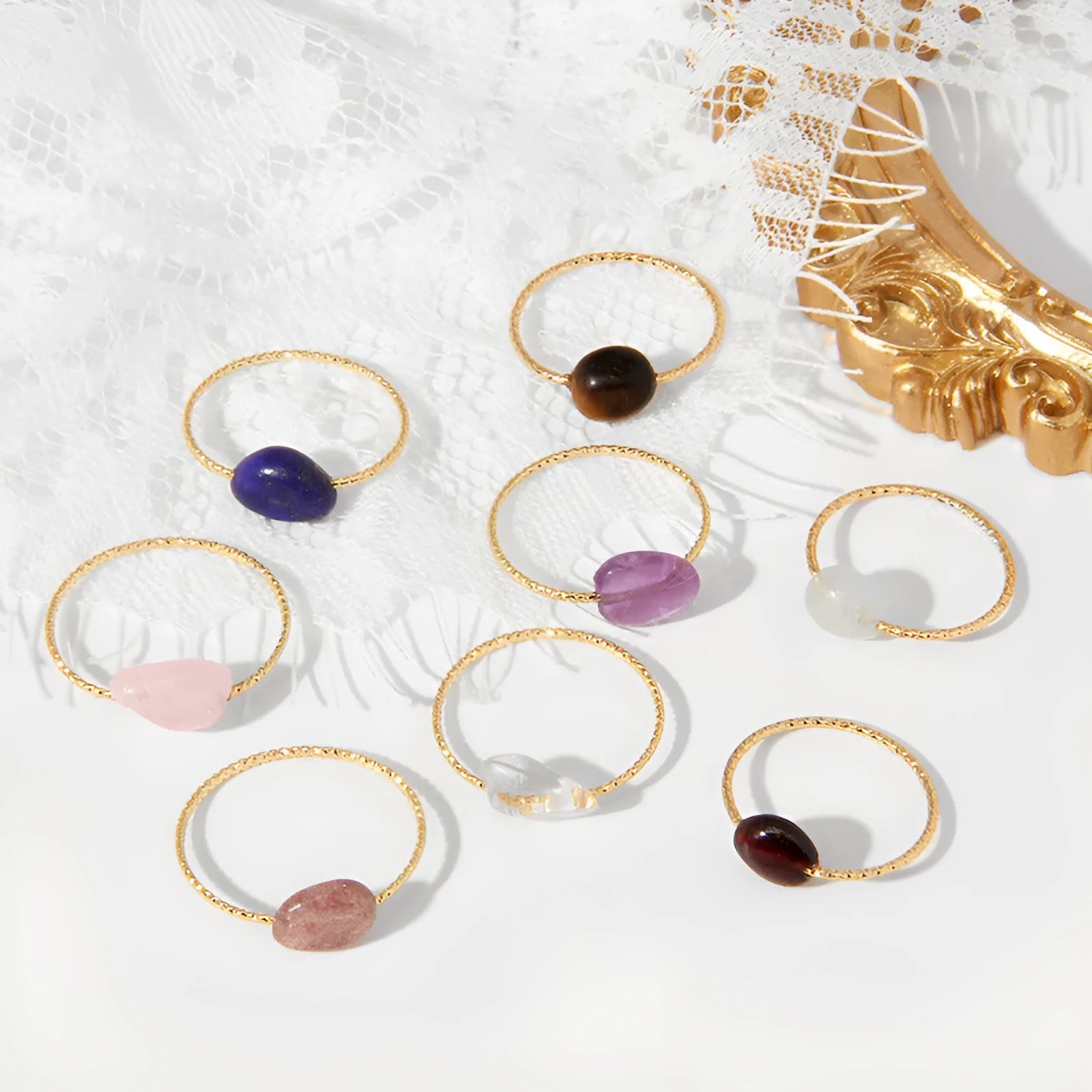 Women's geometric ring with a coloured agate stone set in a square niche, showing colour options BZ0072 to BZ0079.