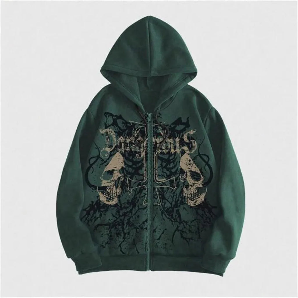 Men's black hooded sweatshirt with skull hot stamping print showing front view