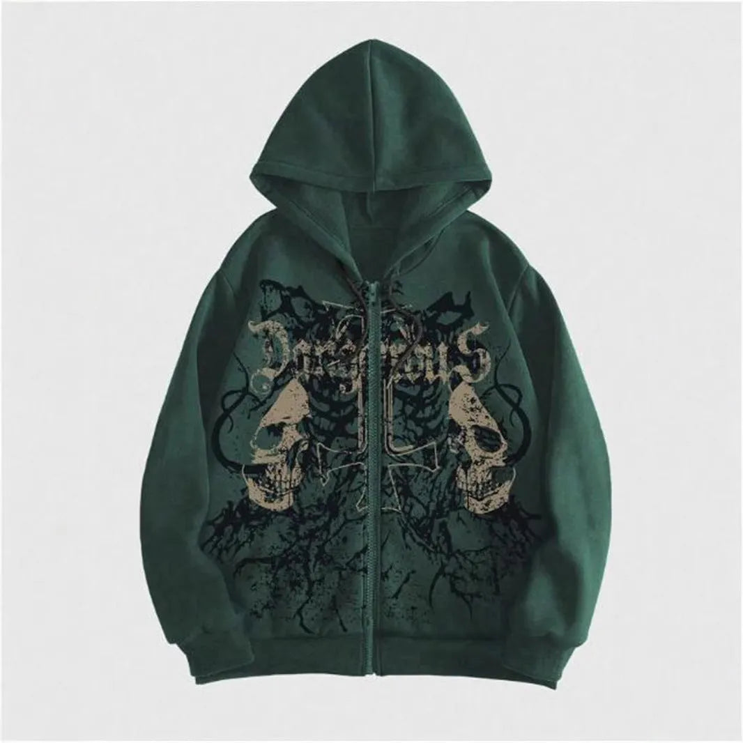 Men's black hooded sweatshirt with skull hot stamping print showing front view