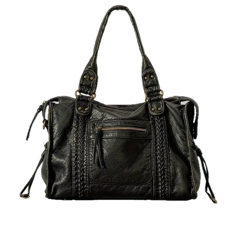 Women's brown French retro motorcycle messenger bag with woven decoration and shoulder strap