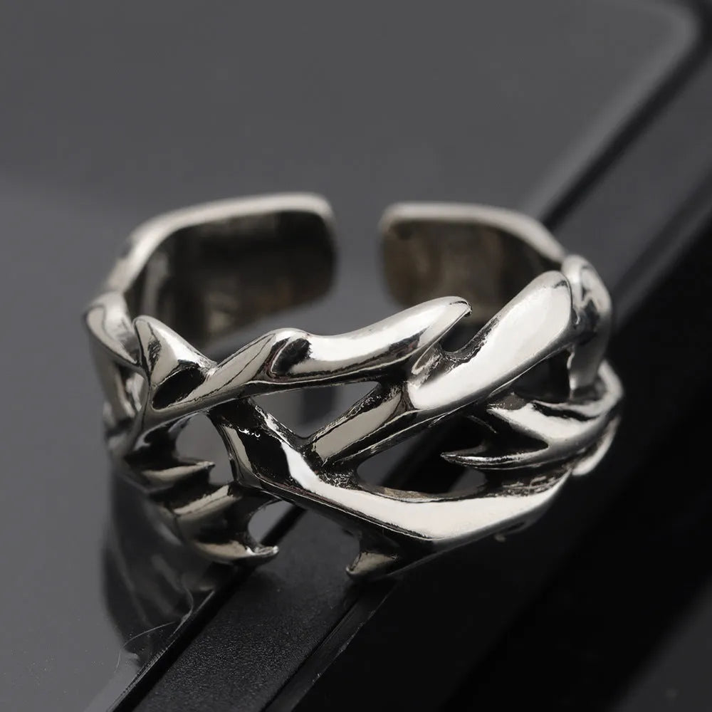 Copper geometric ring with thorn flower design and adjustable opening