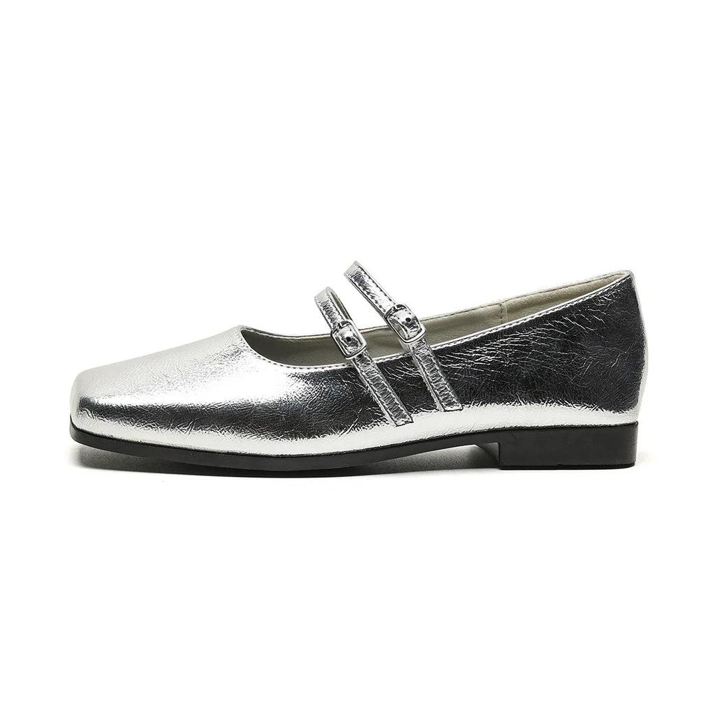 Women's silver genuine sheepskin leather Mary Jane pumps with cross buckle strap and low flat heel