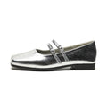 Women's silver genuine sheepskin leather Mary Jane pumps with cross buckle strap and low flat heel