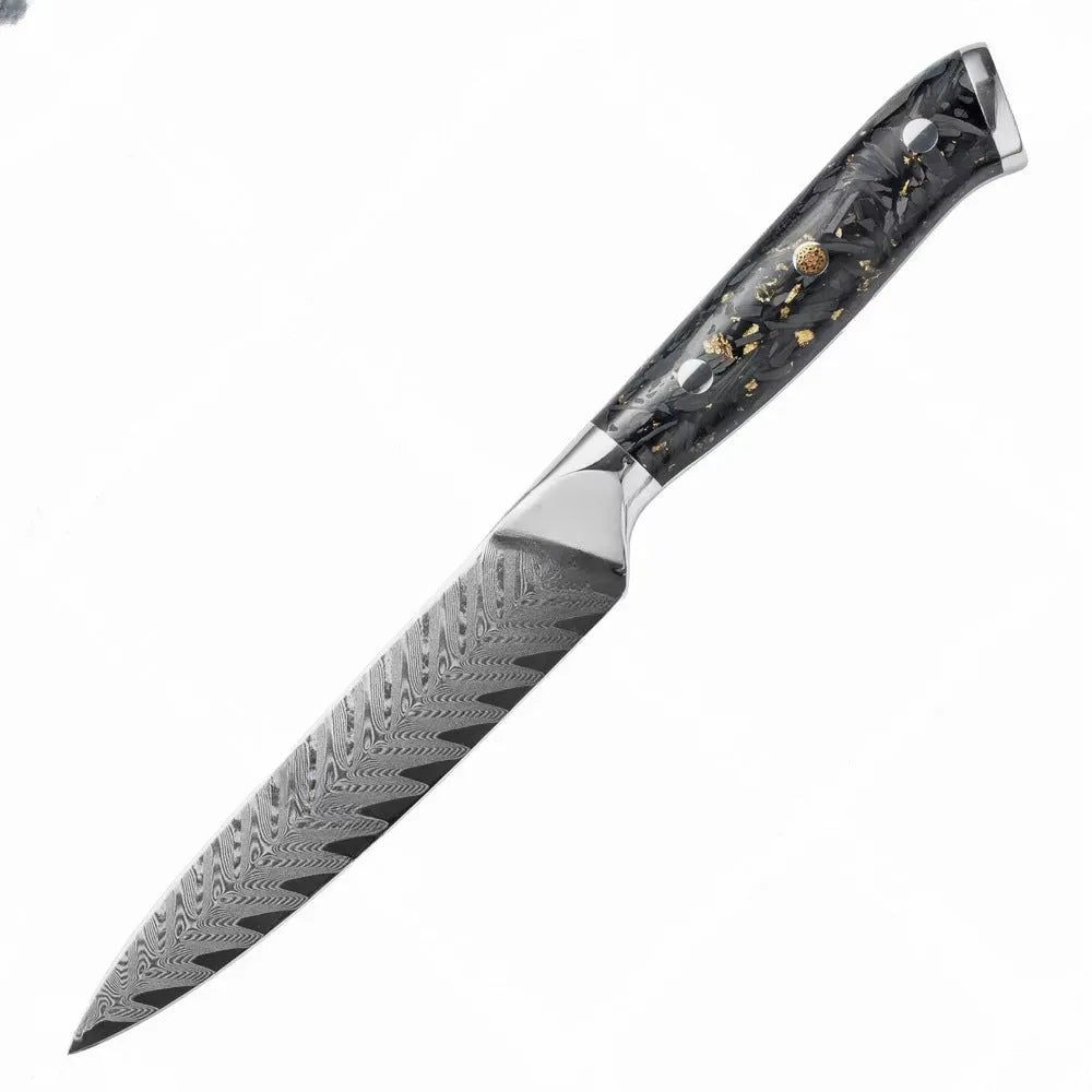 Eight-piece Damascus steel kitchen knife set with fishbone pattern, showing chef, utility, boning, steak, and fruit knives.