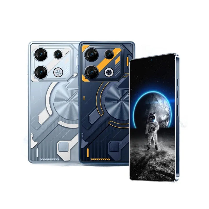 GT10 Pro Android smartphone in Blue or Silver with straight plate design and international power adapters