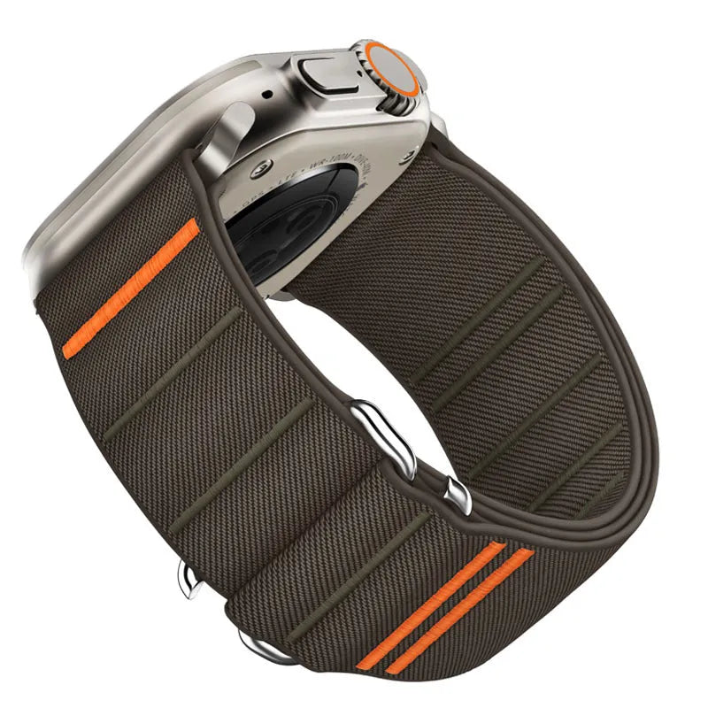 Elastic nylon Apple Watch band with stainless steel buckle shown in multiple colour options.