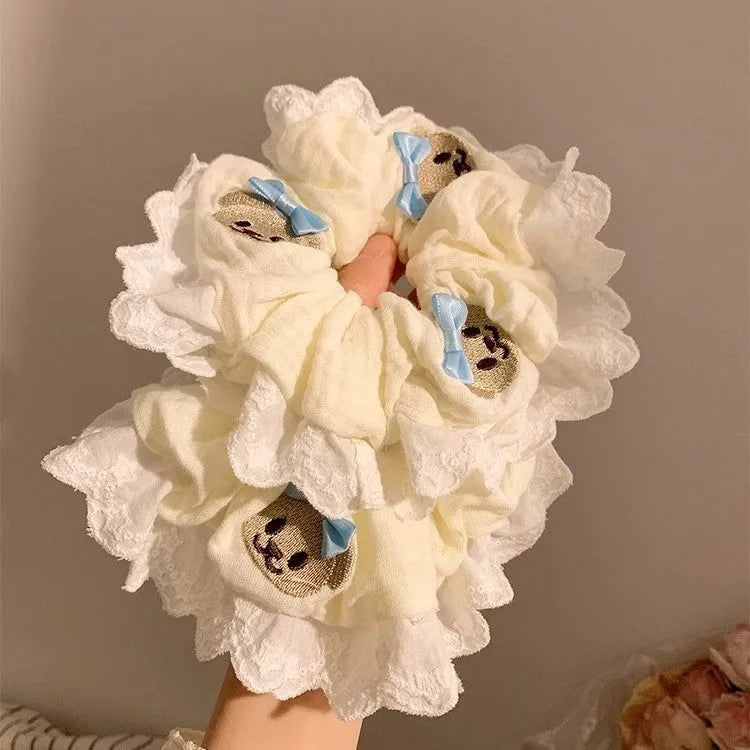 Blue bear bow elastic hair ring cloth fabric accessory