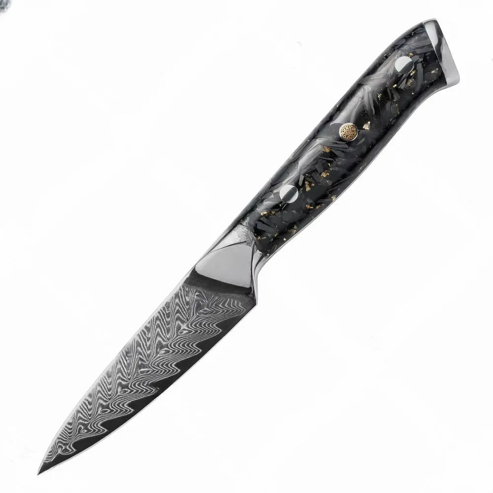 Eight-piece Damascus steel kitchen knife set with fishbone pattern, showing chef, utility, boning, steak, and fruit knives.