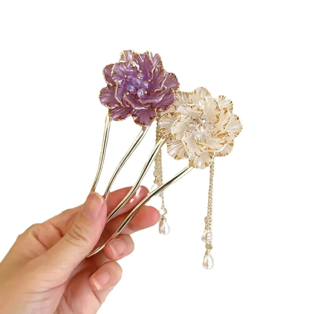 Purple and white peony flower tassel U-shaped hairpin for women with retro design