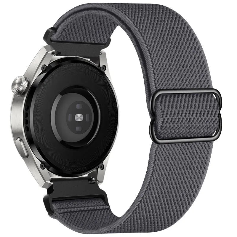 Quick release elastic polyester woven watch strap in black, 20mm width, for Samsung, Garmin, Huawei smartwatches