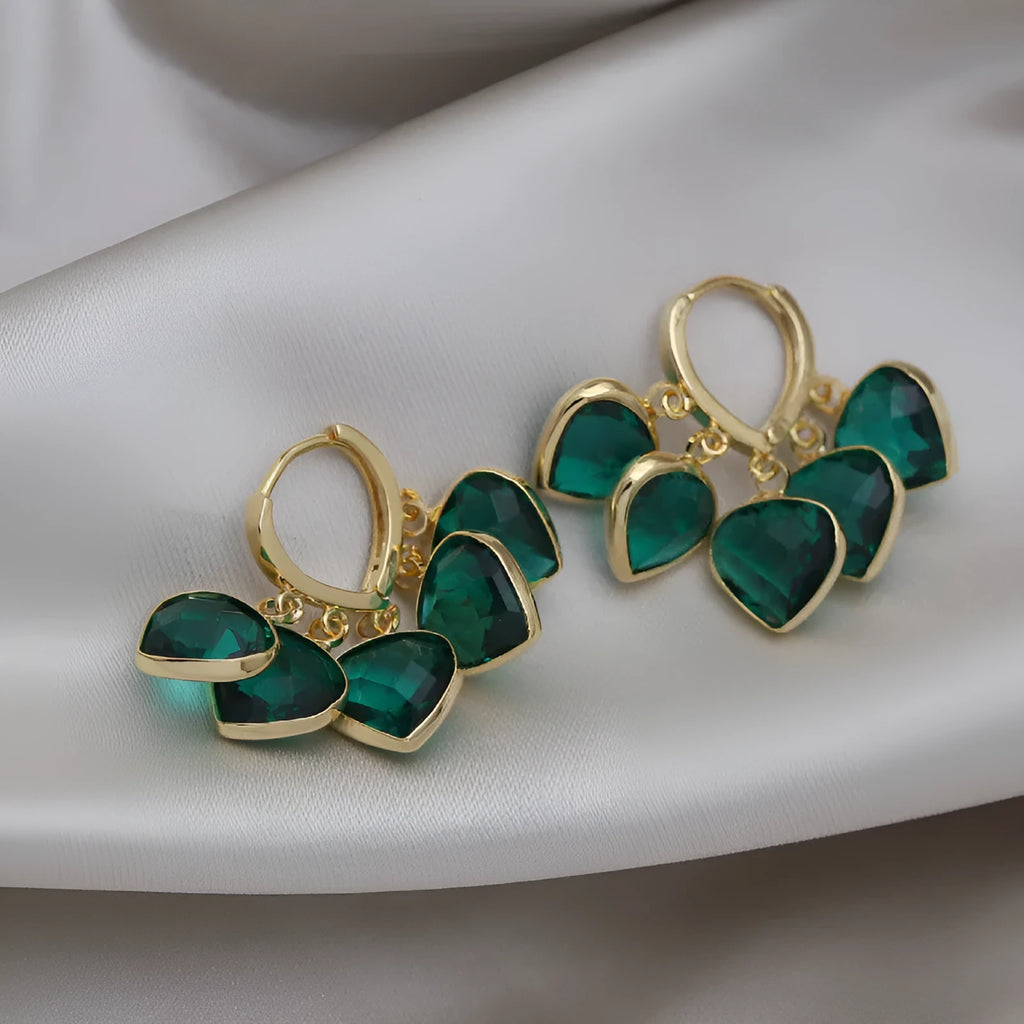 Green heart-shaped glass pendant ear clips with artificial gemstones in Korean style
