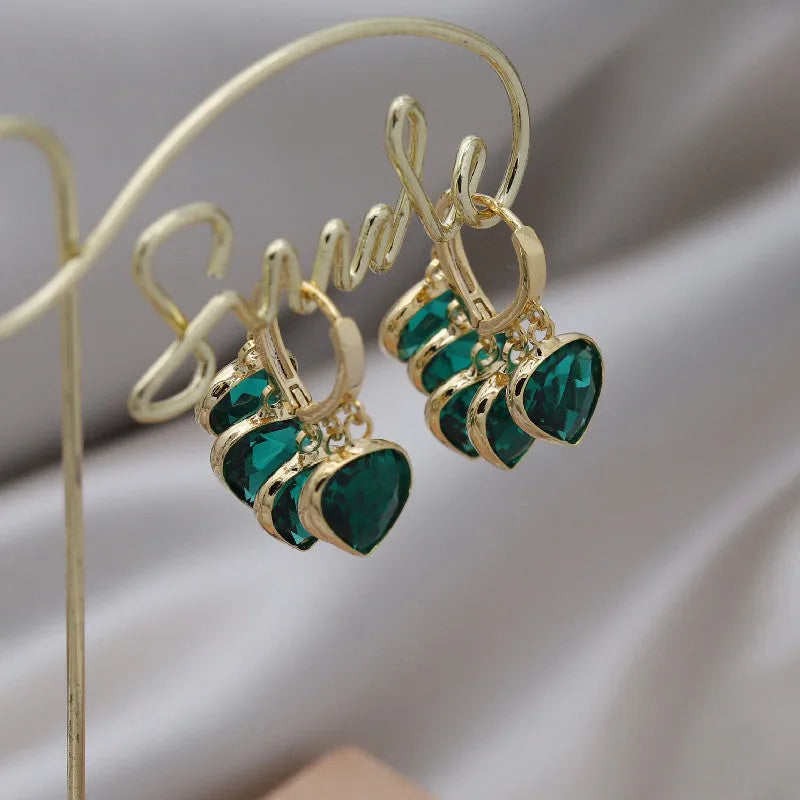 Green heart-shaped glass pendant ear clips with artificial gemstones in Korean style