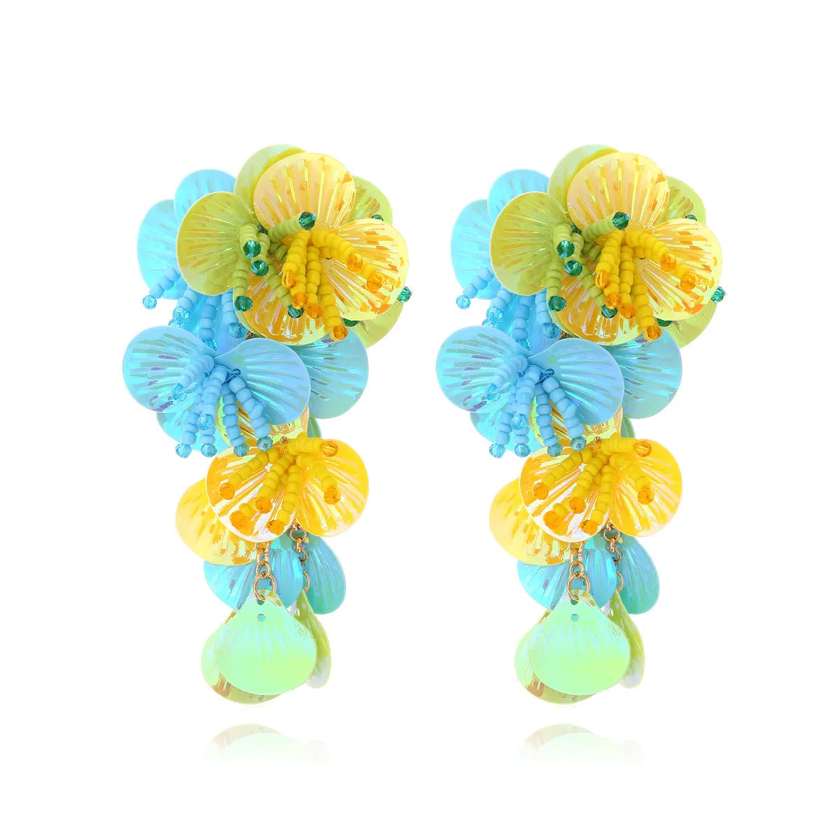 Women's exaggerated handmade string bead floral earrings in mixed materials, showing colourful, rose, and purple colour options.