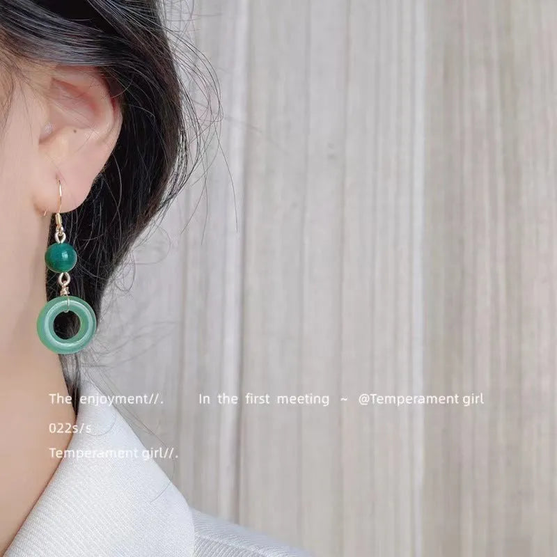 Green peace buckle geometric earrings with zinc alloy and 14K gold plating for Chinese style clothing