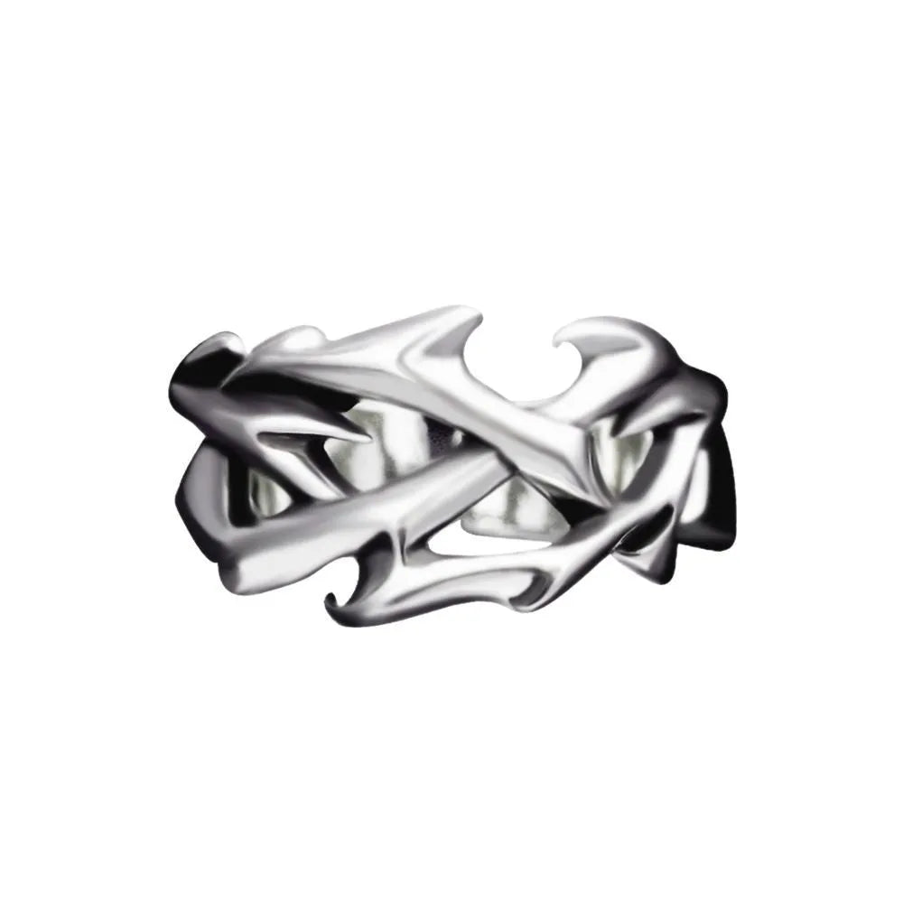 Copper geometric ring with thorn flower design and adjustable opening